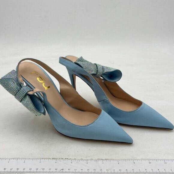 FSJ Skyblue Cute Pointed Toe High Heel Rhinestone Bowknot Slingback Pumps - Picture 4 of 9